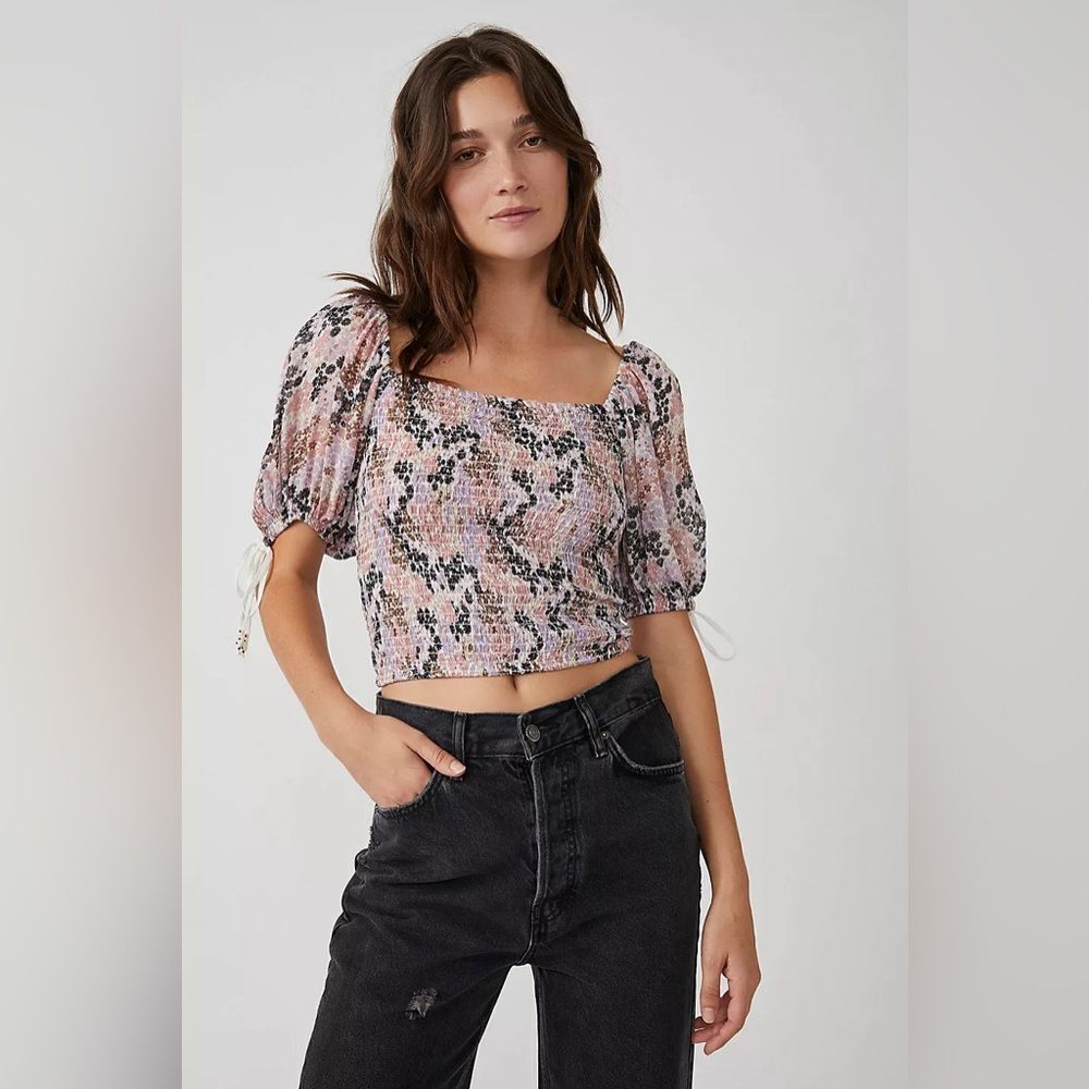 NWT Free People Top Back On Top Crop Floral Smocked Tie Puff Soft Combo XS
